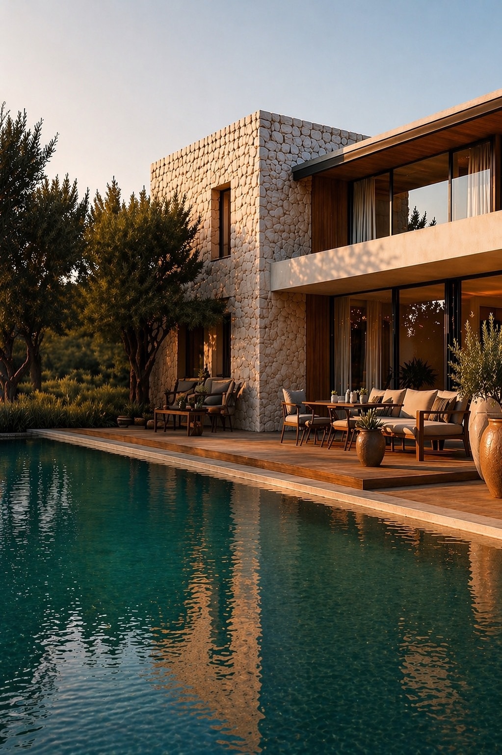 UNO BAU villa and pool on Mallorca at golden hour